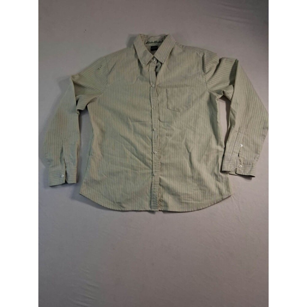 Vintage Eddie Bauer Shirt Womens L Green Striped Casual Cotton Button Up